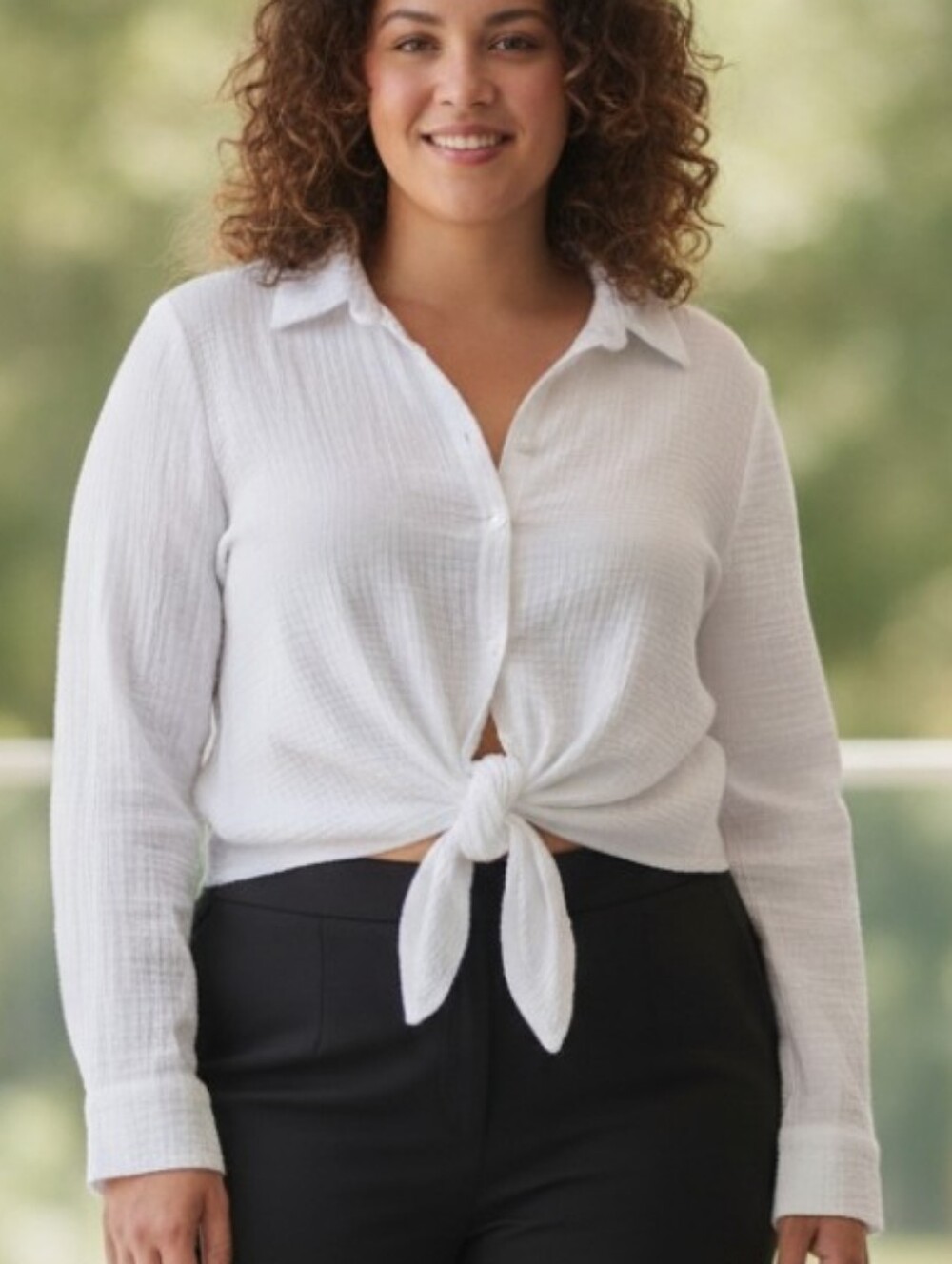White Crinkle Long Sleeve Tie Front Cropped Button Down Blouse XL